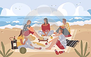 Picnic by the sea, vector background or banner.