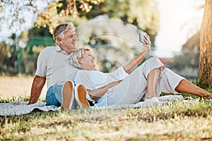 Picnic, selfie and senior couple with love, relax and connection with social media, retirement and marriage. Romance