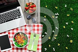 Picnic setting with laptop