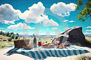 picnic setting on a sunny day with clear blue skies and fluffy white clouds