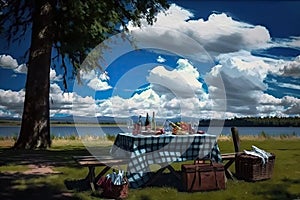 picnic setting on a sunny day with clear blue skies and fluffy white clouds