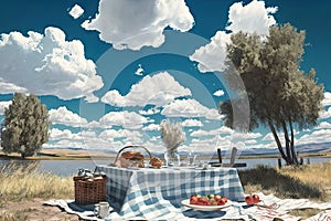 picnic setting on a sunny day with clear blue skies and fluffy white clouds