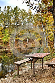 Picnic on the shore of autumnal forest lake