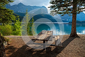 A picnic site at Upper Kananaskis Lake in the Canadian Rocky Mountains