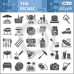 Picnic solid icon set, Summer leisure symbols collection or sketches. Camping and outdoor glyph style signs for web and