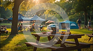 Picnic in a sun-drenched park, complete with American flags, barbecue grills, and patriotic decorations to mark the