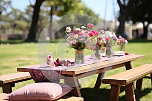 A picnic table adorned with colorful flowers in a sunlit park setting.