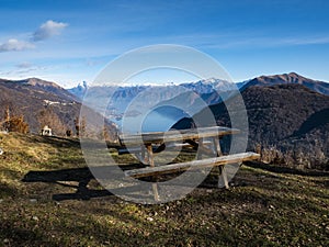 Picnic table in the alps of Lake Como