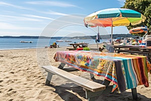 picnic table on the beach, with colorful umbrellas and towels, and sparkling water in the background