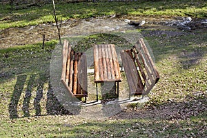 Picnic table and benches in the park.