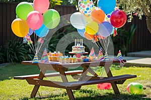 picnic table with birthday decorations, balloons, and cake
