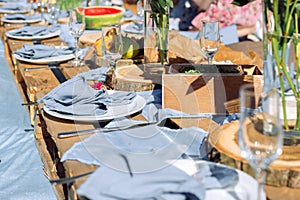 Picnic table in blue tones for many guests