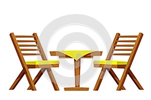 Picnic table with chair set wooden furniture, wood desk with leg and tablecloth, rustic construction isolated on white