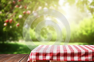 Picnic table with a checkered tablecloth for food and product display against a blurred green outdoor nature background
