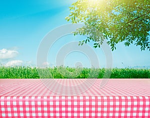 A Picnic table covered with checkered tablecloth