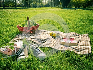 Picnic table covered with checkered tablecloth