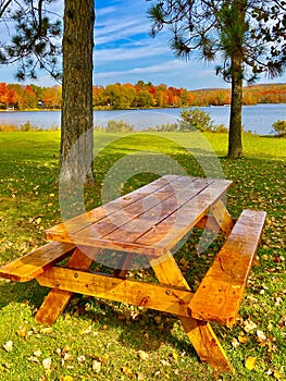 Picnic table in fall setting