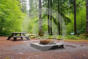 picnic table and fire pit at a forest campsite