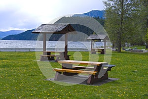 A picnic table with gorgeous view at Lake