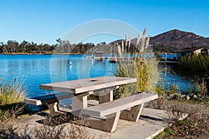Picnic Table at Lake Murray with Cowles Mountain