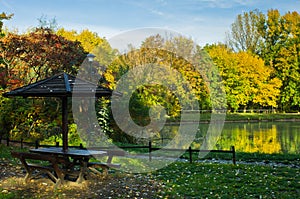 Picnic table by the lake surrounded by the forest in autumn colors, Belgrade