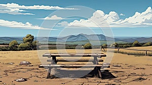 Picnic table in the middle of nowhere, mountains in the background. Highway rest stop illustration