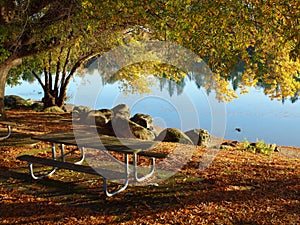 A picnic table near a lake.