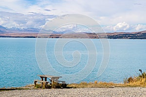 picnic table near Pukaki lake, New Zealand