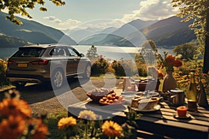 Picnic table and open car near lake with beautiful nature landscape. Weekend, holiday, travel. Created with Generative