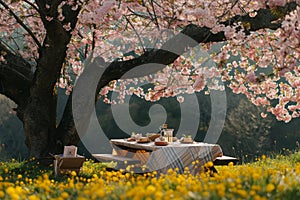 A picnic table is positioned under a blossoming tree in a field, creating a serene and natural setting, A charming countryside