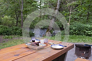 Picnic table at recreational campsite or picnic site in the woods, chicken on the table