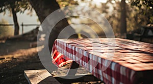 a picnic table with a red and white tablecloth