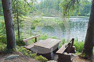 Picnic table seating in forest near lake