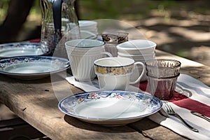 picnic table setting with cups, plates, and silverware for two