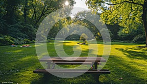 A picnic table sits among the trees in a serene park