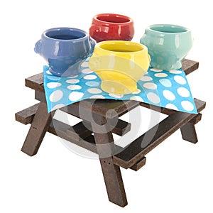 Picnic table with soup bowls