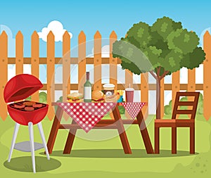 Picnic table with tableclothes scene