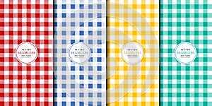 Picnic tablecloth seamless pattern set. Checkered texture collection on Red, Blue, Yellow, Green colors background