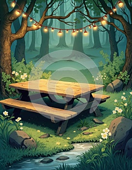Picnic tables adorned with fairy lights in a serene forest setting photo