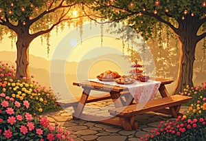Picnic tables adorned with fairy lights, set for a delightful gathering photo