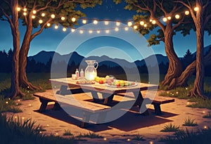 Picnic tables adorned with fairy lights, set for an evening gathering photo