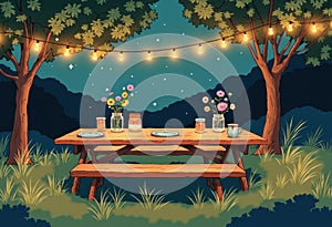 Picnic tables adorned with flowers and fairy lights, ready for guests photo