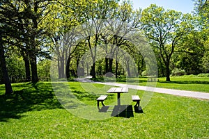 Picnic tables along trails inside of Clifton French Regional Park in Plymouth Minnesota