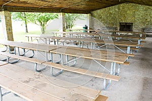 Picnic tables in a shelter house