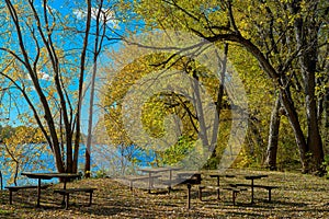 Picnic tables, st croix state park, autumn