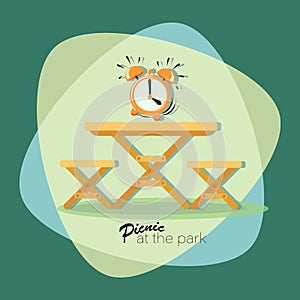 PICNIC TIME. Alarm clock. Picnic at the park. Vector flat illustration. Table with chairs. Emblem