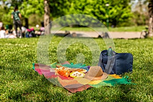 Picnic time, food on a blanket, cooler bag on grass