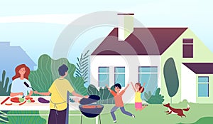 Picnic time. Garden bbq party. Family backyard barbecue cooking. Mother and father with happy children. Vector outdoor
