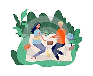 Picnic time. Girl boy drinking wine and eating on nature. Birthday cake and flowers, happy couple relaxing vector