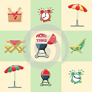 PICNIC TIME. Grill, barbecue. Vector set icon. Various special tools
